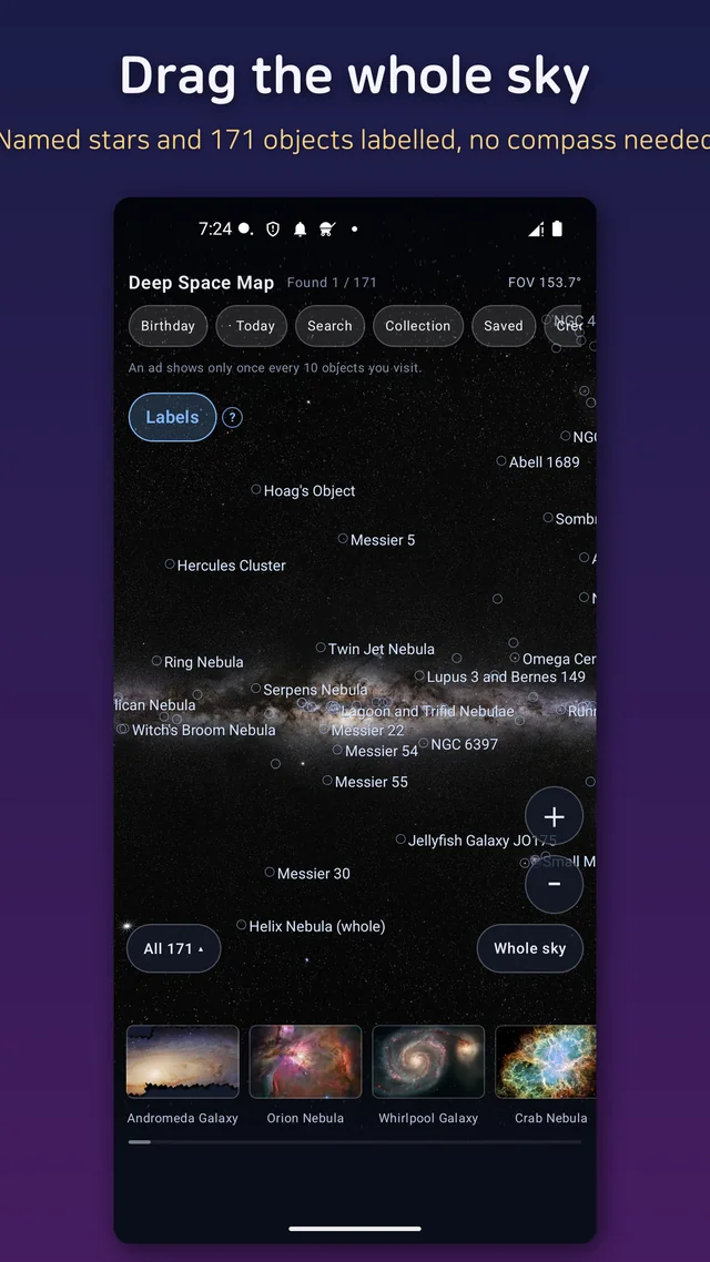 Dragging across the whole-sky map with named stars labelled and no compass needed