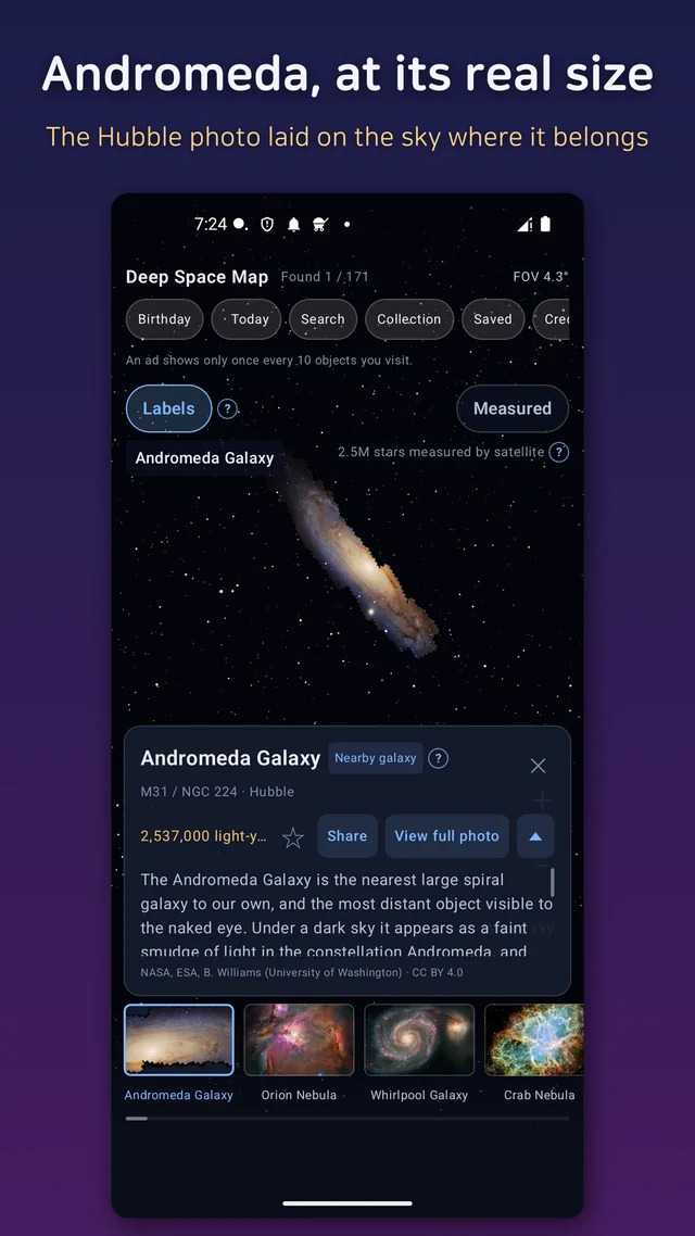 The Andromeda galaxy photo overlaid at its real angular size on the sky map