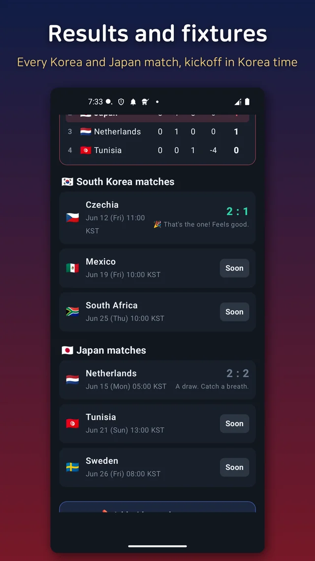 Korea's World Cup 2026 results and fixtures, with kickoff shown in Korea time