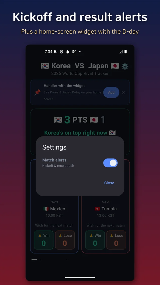 Kickoff and result alert settings, with the home-screen widget prompt behind them