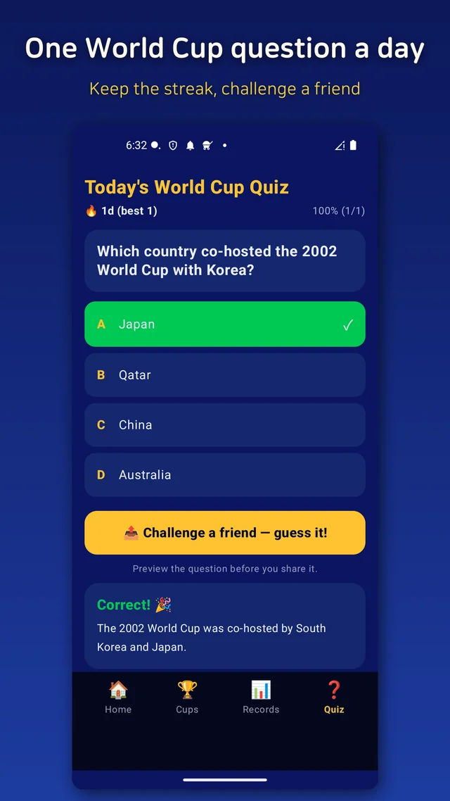 The daily quiz screen with a question about Korea's World Cup match history