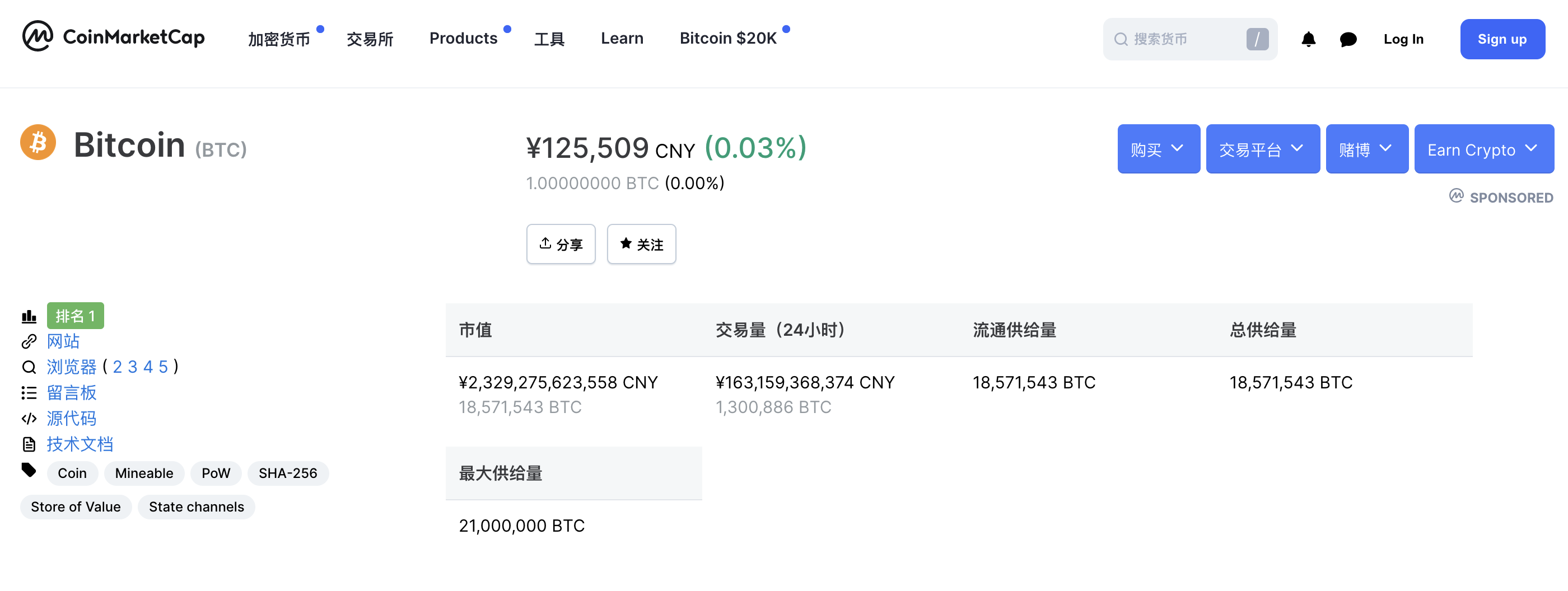 来源：https://coinmarketcap.com/zh/currencies/bitcoin/