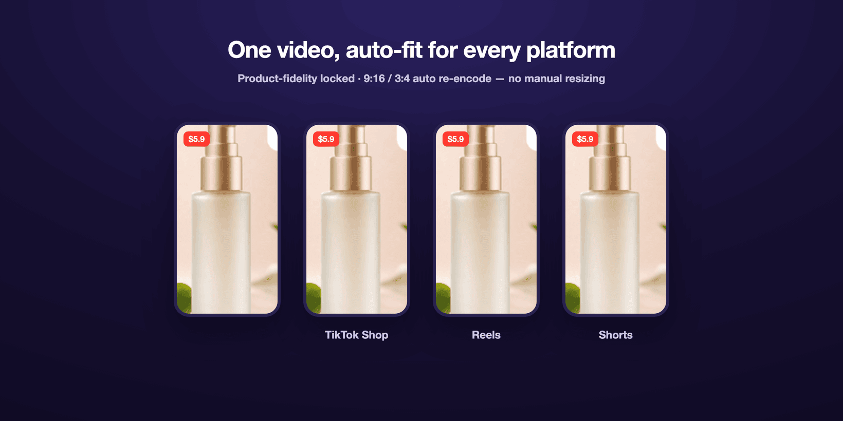 ClipForge produces faceless vertical shopping videos for TikTok Shop, Reels, Shorts, Douyin, Kuaishou and Xiaohongshu — never showing a real face