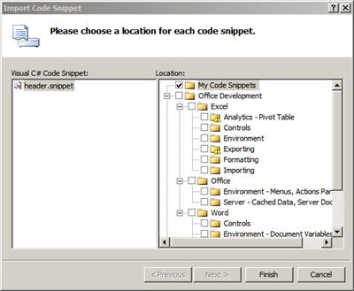Figure 14: Click the Checkbox Next to "My Code Snippets" and Click Finish