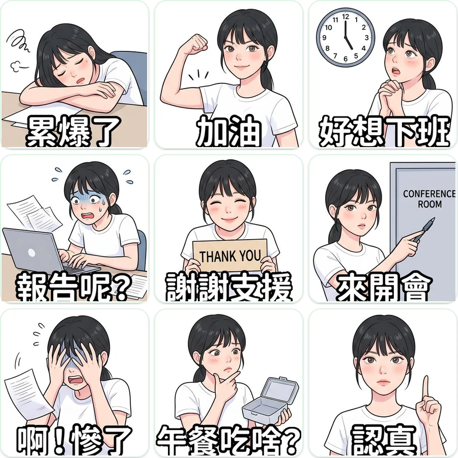 一組九張的 LINE 貼圖範例，同一個角色的不同表情，各自配一句短語