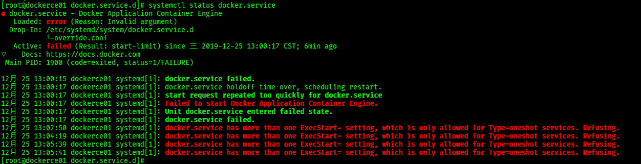 docker.service has more than one ExecStart= setting