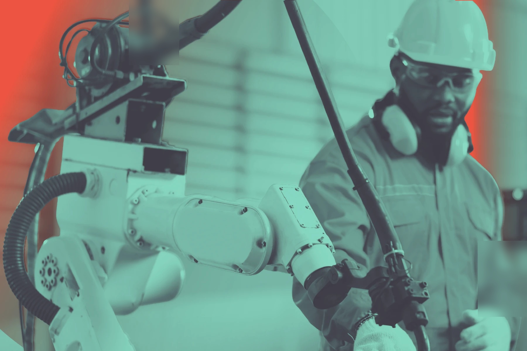 a worker in protective gear stands next to a large robotic arm in an industrial setting. the image is tinted teal, with curved red and blue graphic shapes overlaid along the edges.
