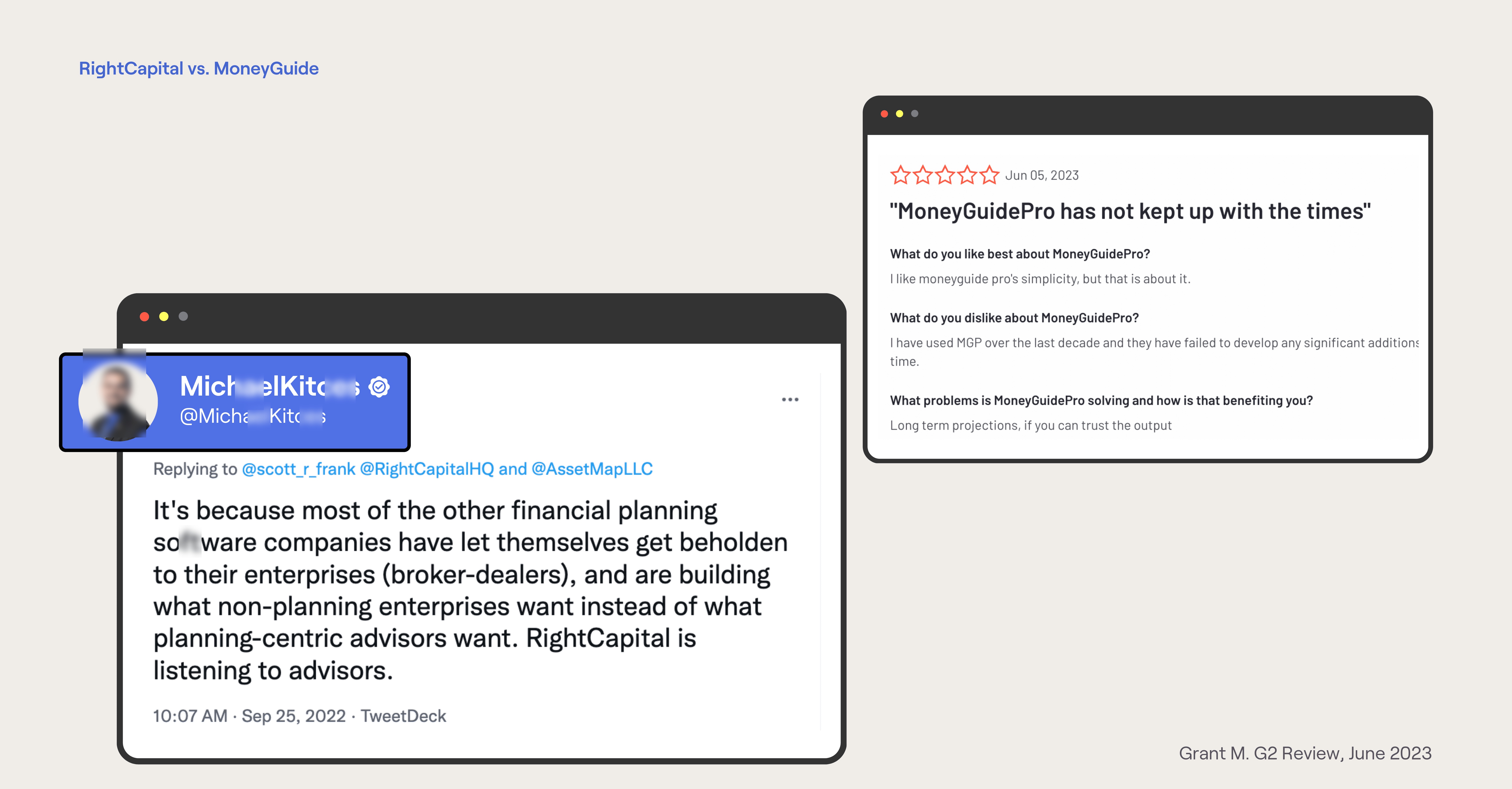 feedback on product updates, moneyguide compared to rightcapital