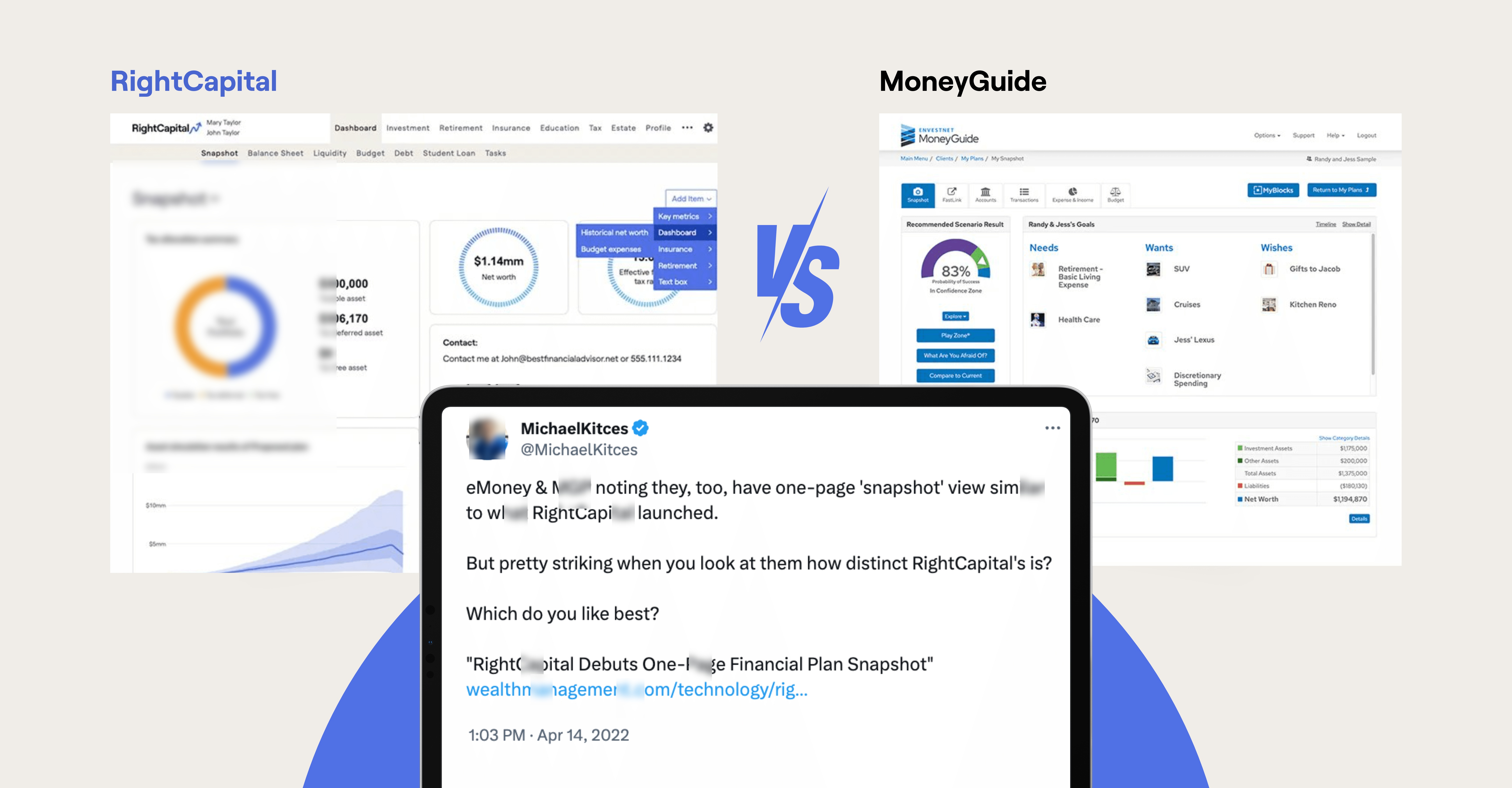 comparison of rightcapital's one-page plan vs. moneyguidepro's one-page view