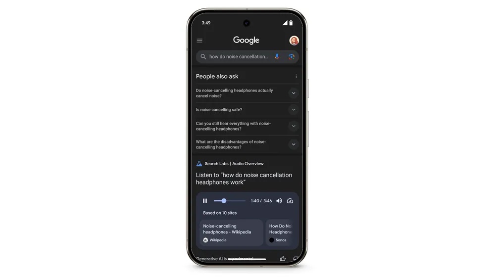 a phone screen showing google search results with a section titled "search labs | audio overviews" and an audio player.