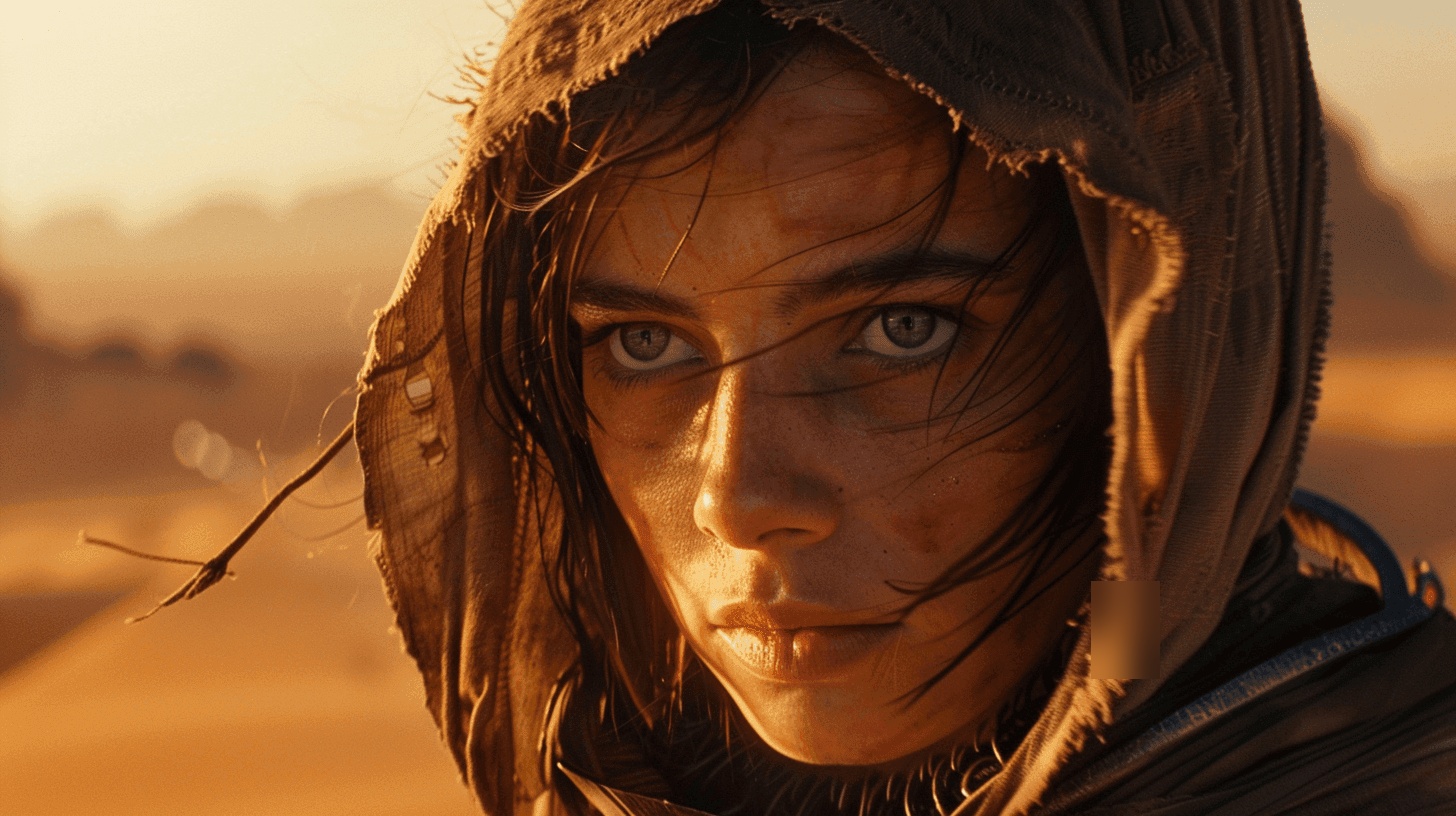 the element in [@image2] is running in the desert, with the camera pushing in to a close-up of the face in [@image1].