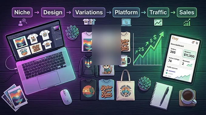 ai print-on-demand 2026 system — 6-step workflow from ai design generation to etsy and shopify sales with revenue chart