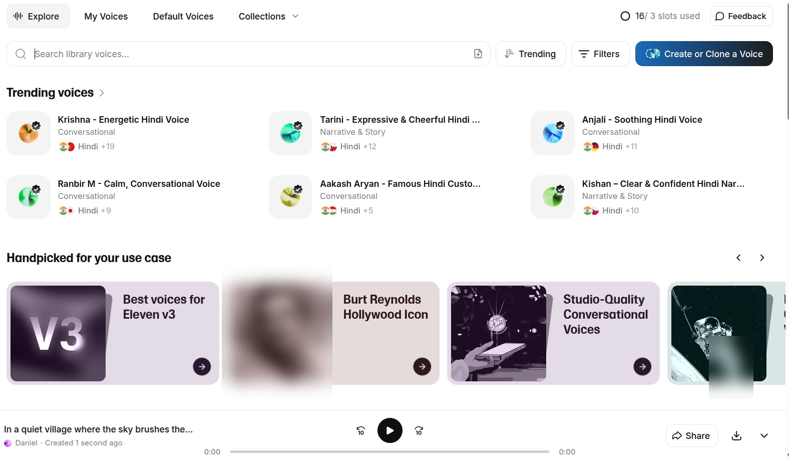 screenshot of the elevenlabs voice library with filters for category, age, gender, language, and users.