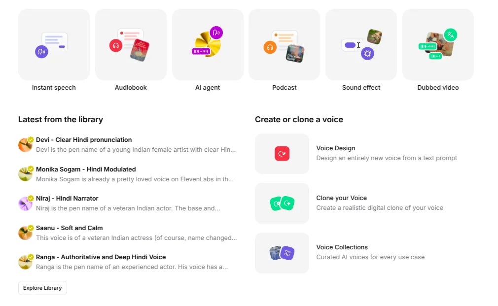 elevenlabs dashboard showing all features