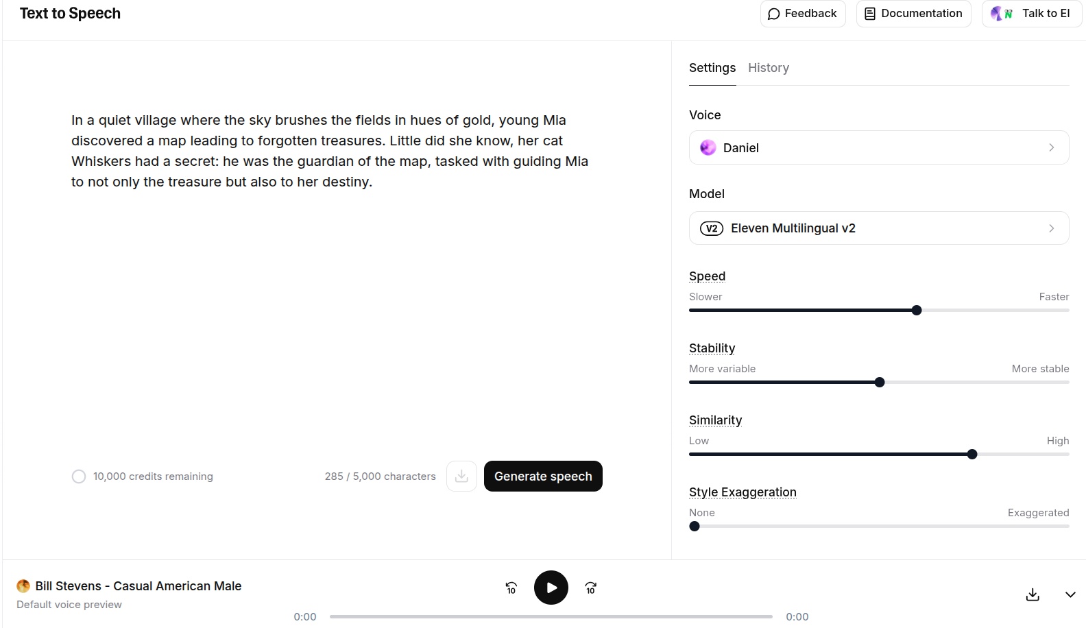 screenshow of elevenlabs text to speech interface. you can vary speed, stability, and style (emotional variation).