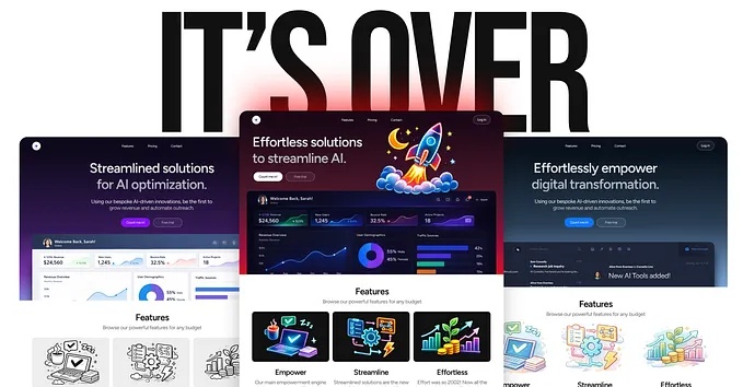 Illustration of three AI-generated landing pages with 'it’s over' text, symbolizing the end of a service