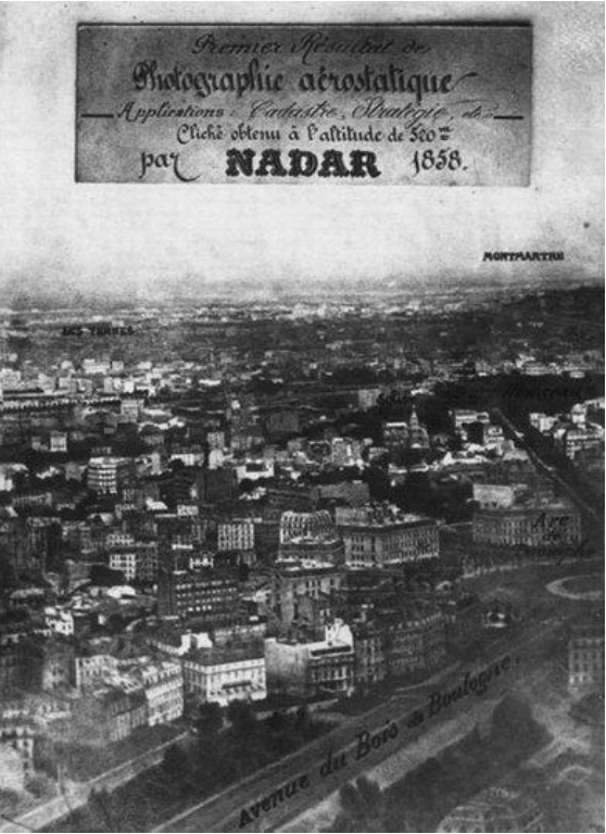 图 1.6 - 1858 年纳达尔在巴黎热气球上拍摄的航拍照片,被认为是第一张航拍照片,也是地理空间遥感的开端