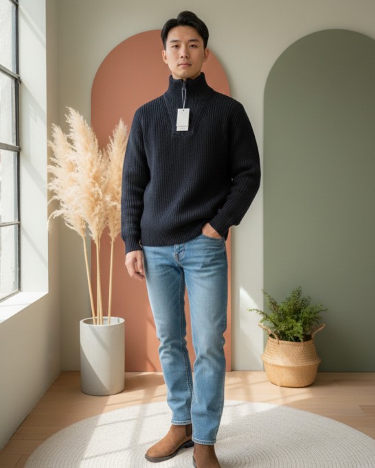 HABK Signature Ribbed Quarter-Zip – Midnight Navy