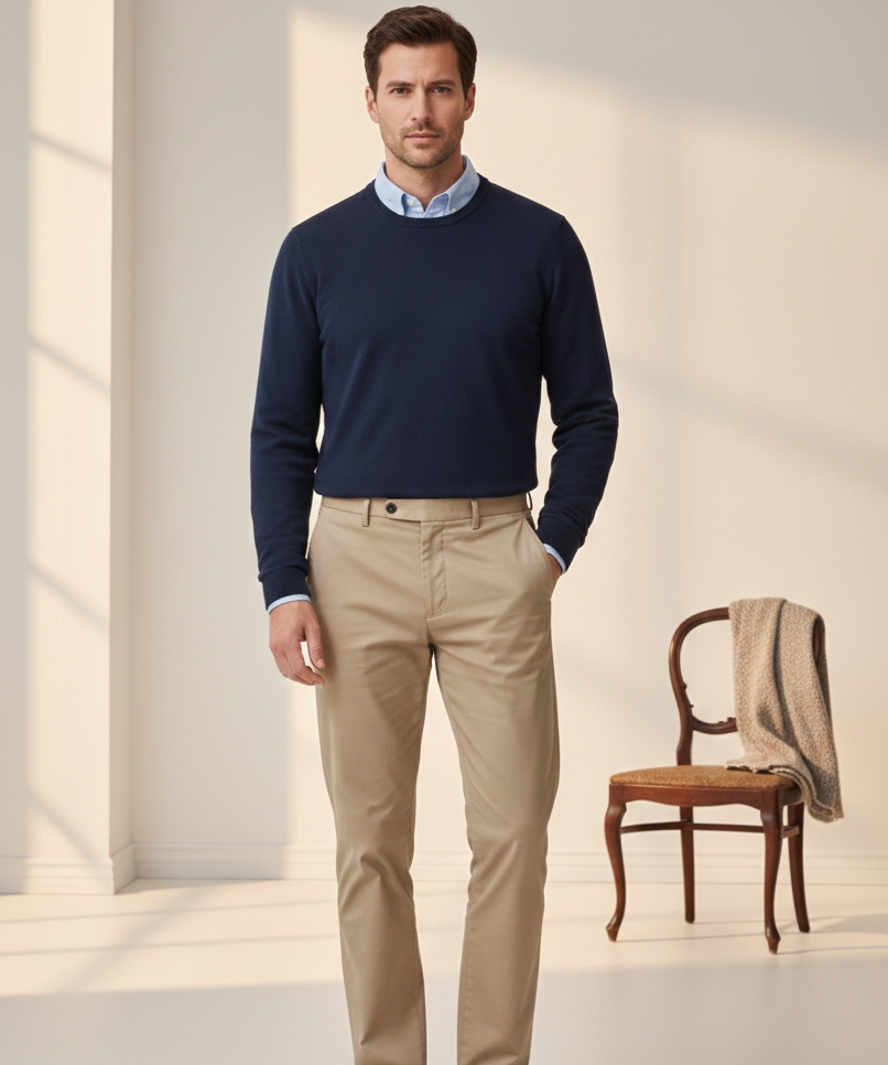 Premium Merino-Touch Navy Crewneck Sweater