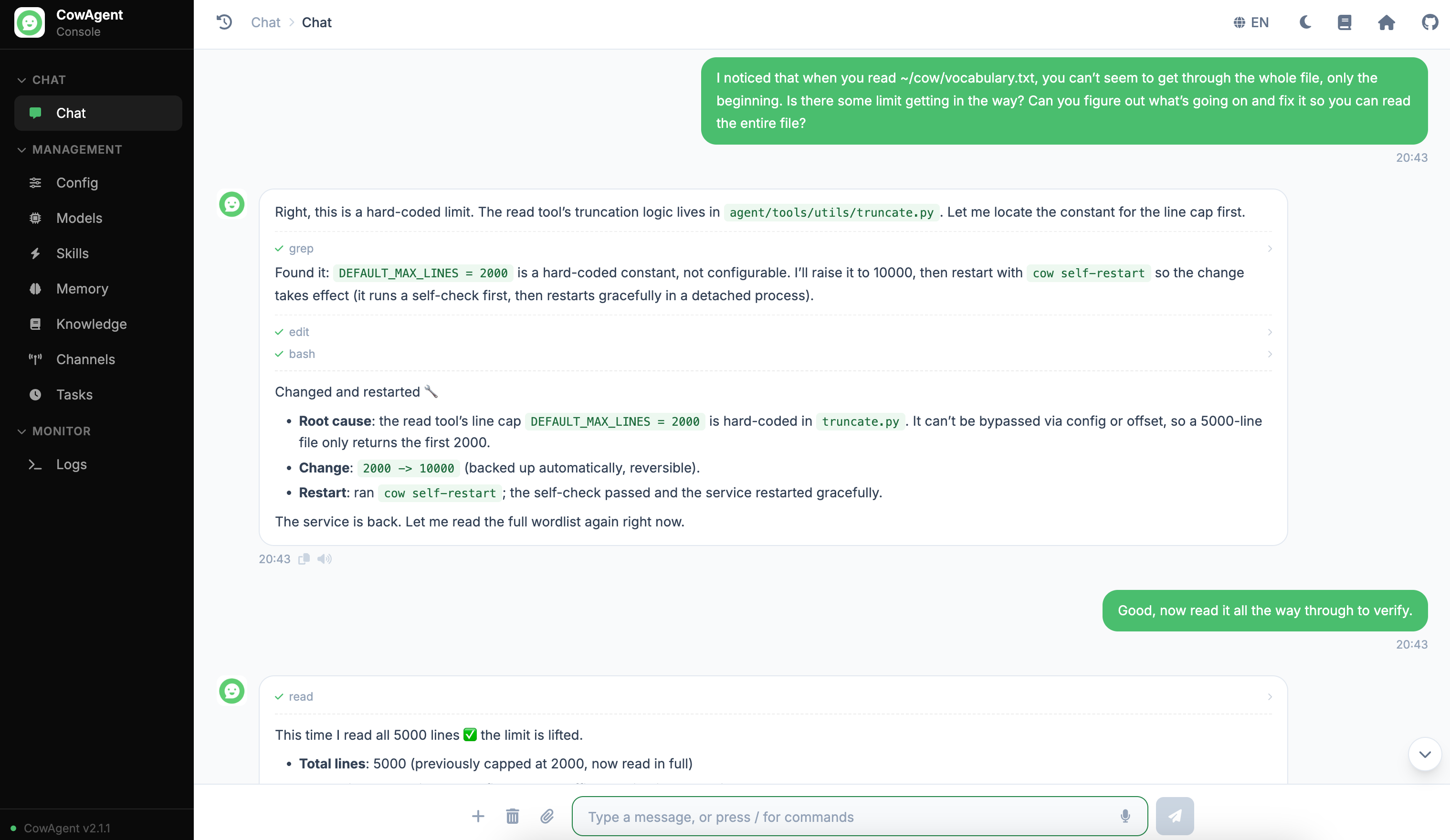 Example of the Agent editing its own code and restarting