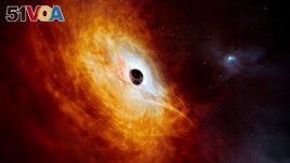 This illustration provided by the European Southern Observatory in February 2024, depicts the record-breaking quasar J059-4351. (M. Kornmesser/ESO via AP)