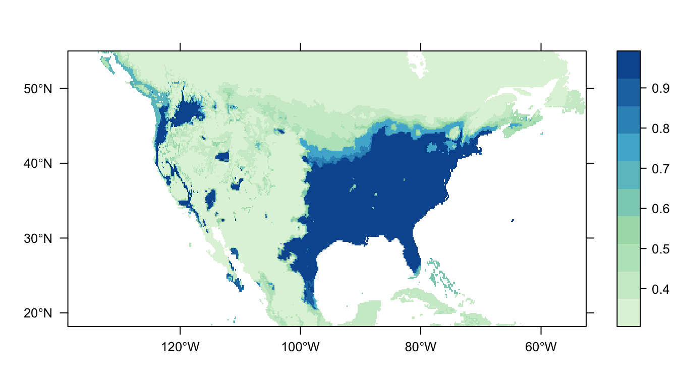 Figure 6: Predicted Carolina wren distribution map for the BRT SDM