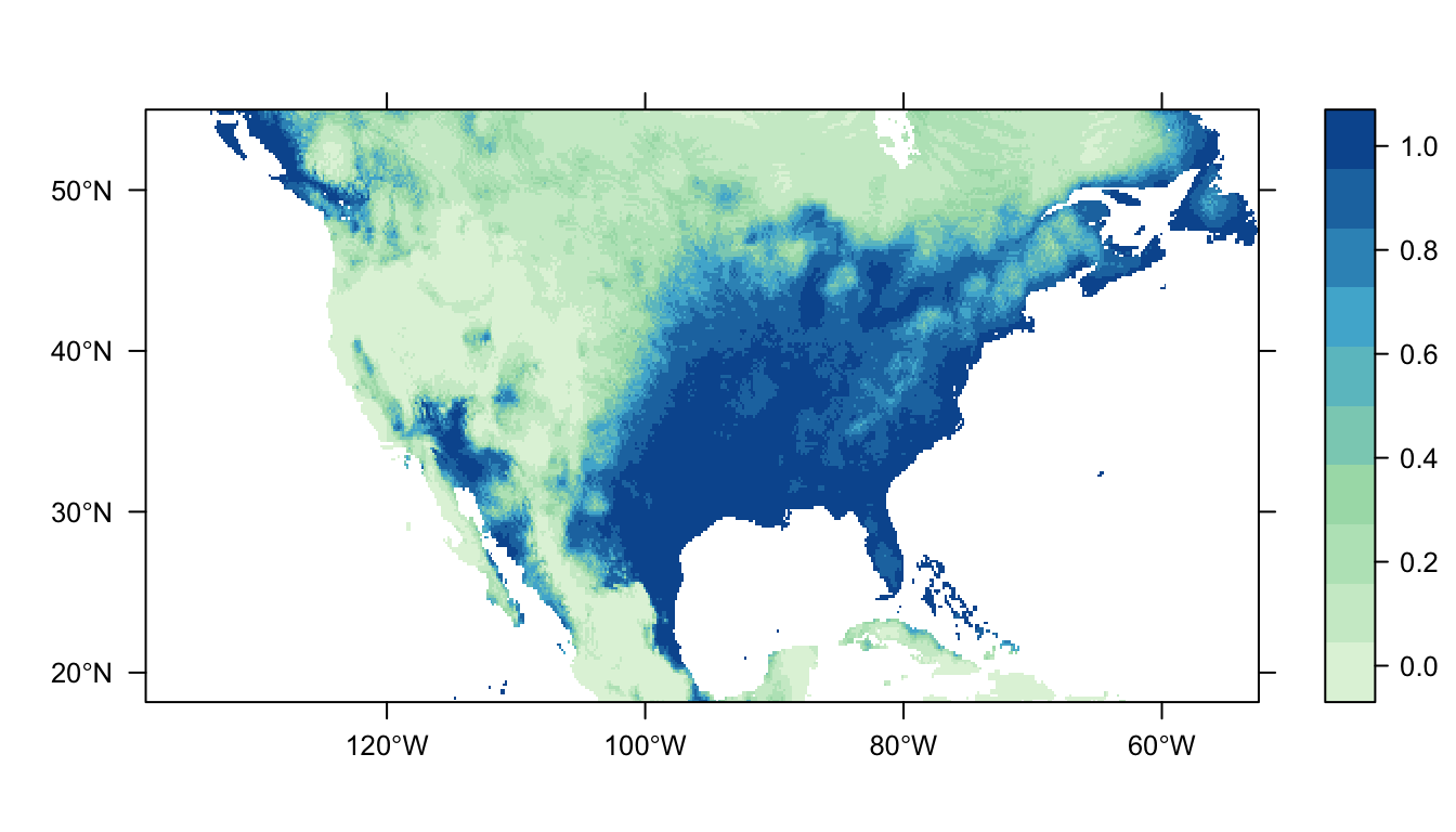 Figure 2: Predicted Carolina wren distribution map from the logistic regression SDM.