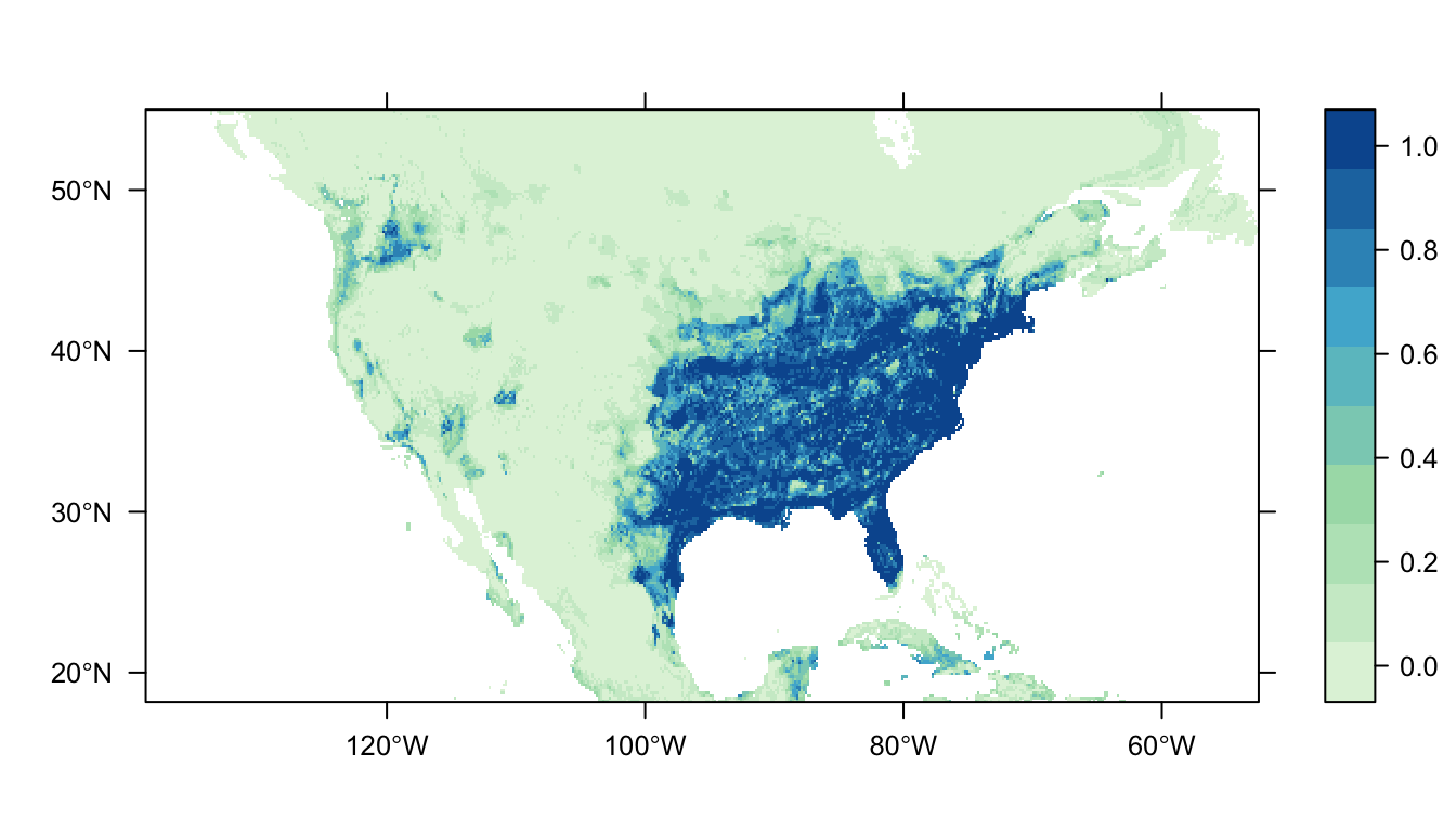 Figure 5: Predicted Carolina wren distribution map for the random forest model.