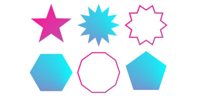 A row of three multi-point star shapes above a row of three geometric shapes with different numbers of sides.