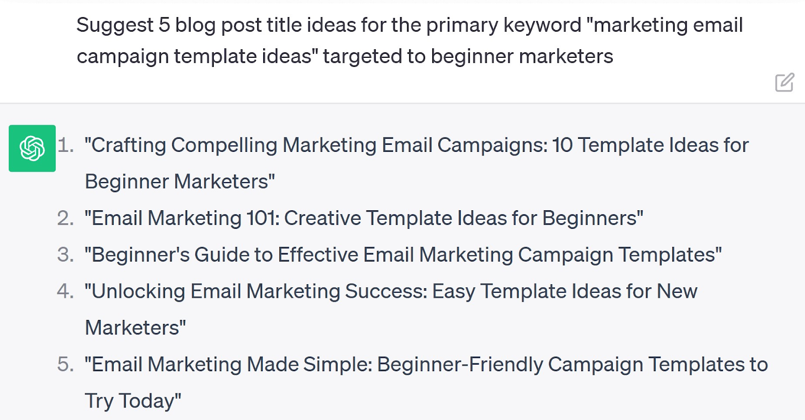 A prompt asking ChatGPT to suggest 5 blog post title ideas