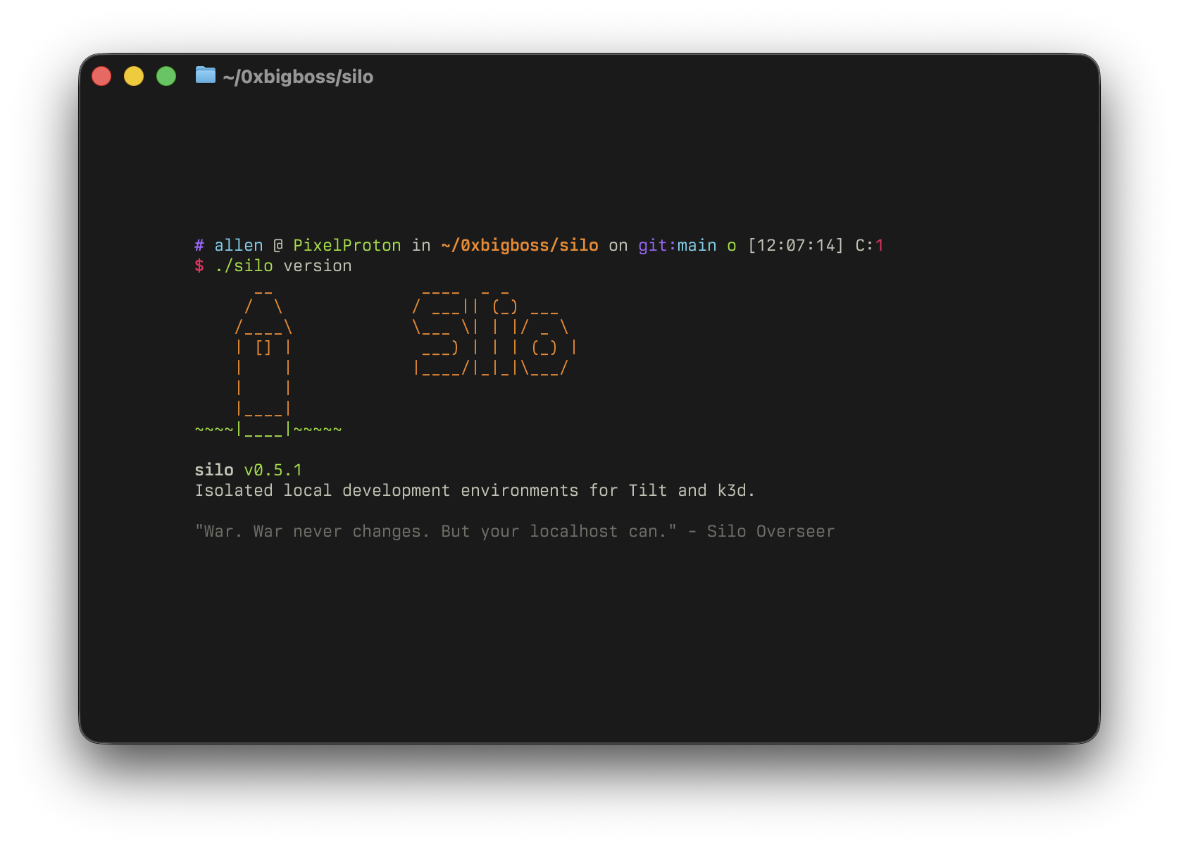 silo version command in a terminal, showing the silo ASCII art
