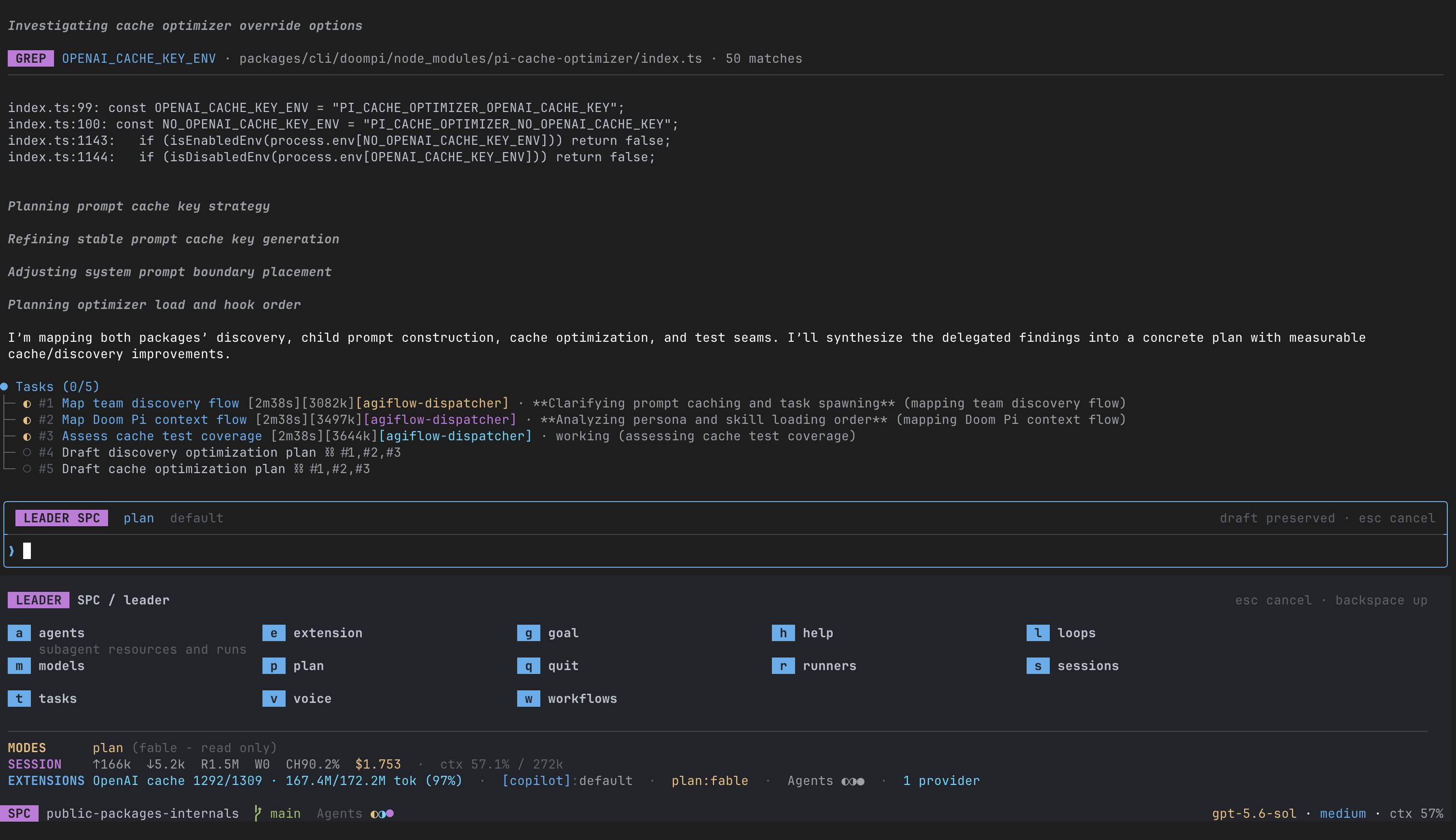 
|
|
14
|
+
![DoomPi terminal interface showing tasks, Plan mode, and the Leader menu