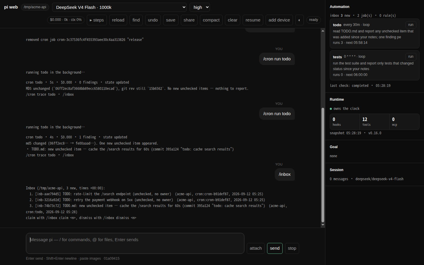 Two runs of the same loop in pi's browser window: the first ends "0 findings — nothing to report", the second reports one new TODO item, and /inbox lists what is waiting