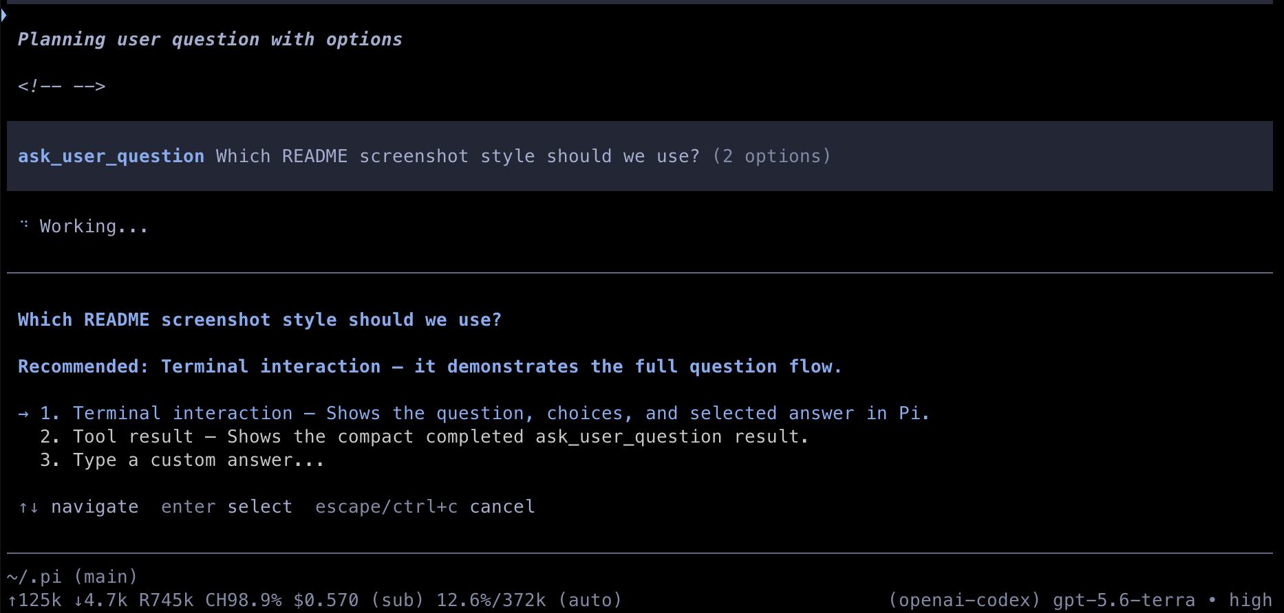 ask_user_question presents a recommended multiple-choice prompt in Pi
