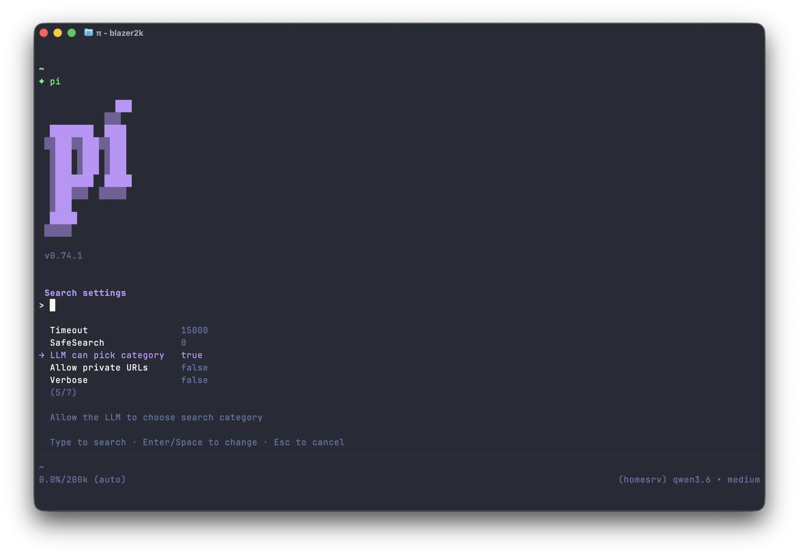 Example: configuring the extension via pi command