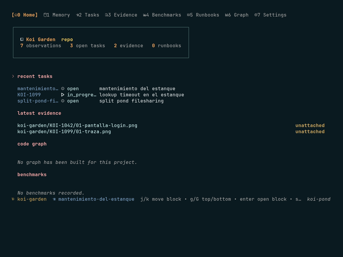 The Memory terminal workspace on its Home tab: a project card counting observations, open tasks, evidence and runbooks, above a list of recent tasks and the latest evidence files