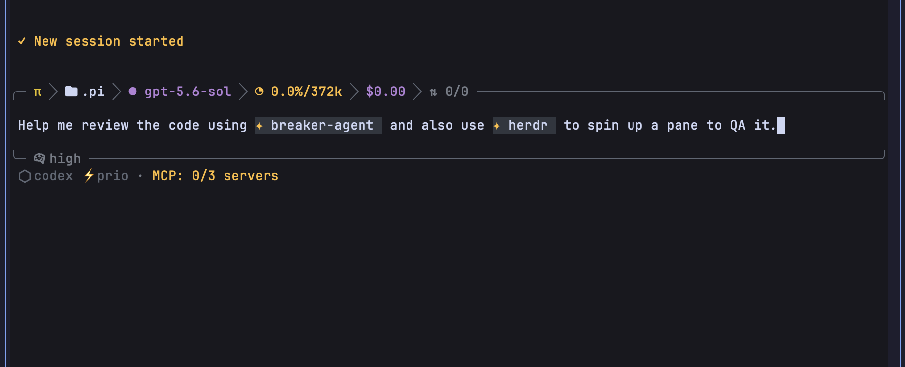Pi prompt editor showing inline skill tags