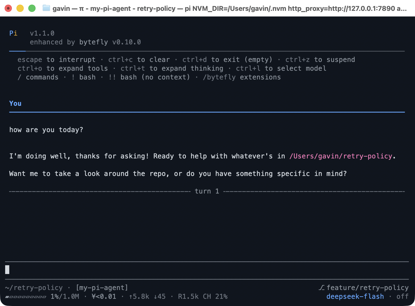A terminal window running the Pi TUI with the bytefly header, hint row, context and loaded extensions, a turn separator, and the status bar