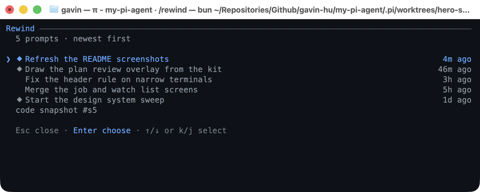 The /rewind screen: prompt rows newest first, a diamond marking prompts with a code snapshot, and the focused prompt's snapshot detail