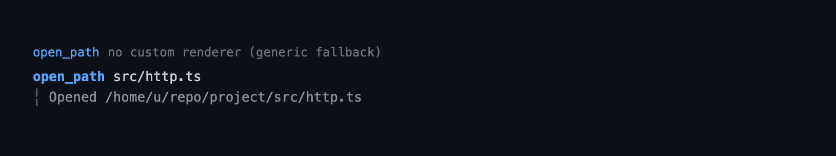 The open_path tool's call and result, drawn by the generic fallback