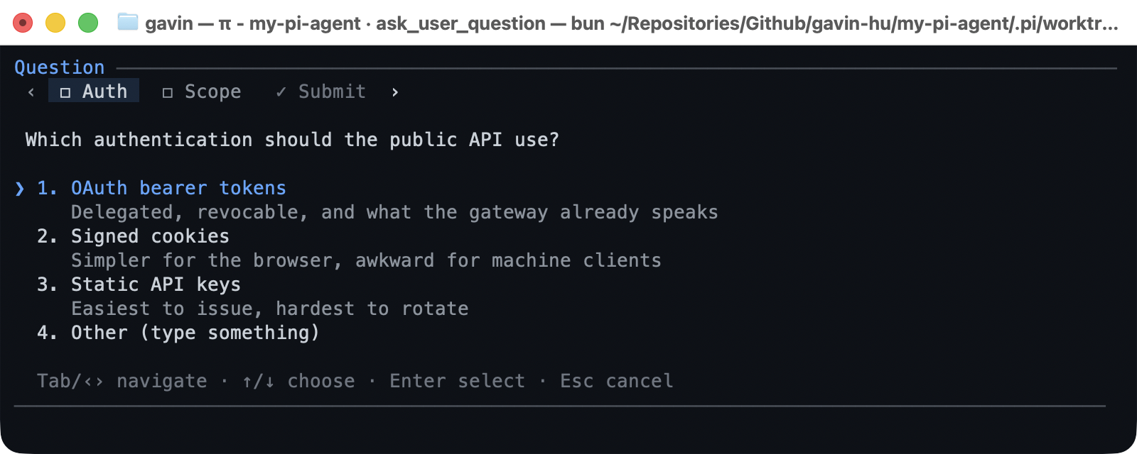 The ask_user_question dialog: Auth and Scope tabs, a question, four numbered options with descriptions, and the navigation hint