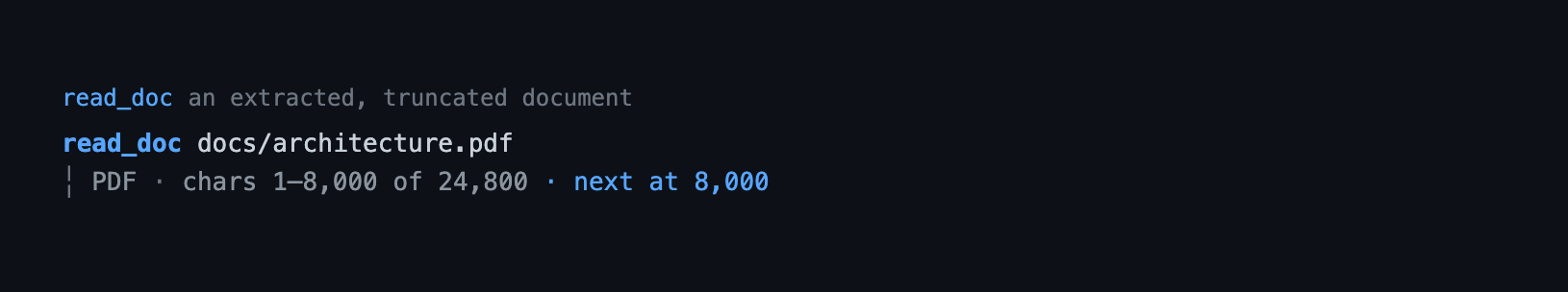 The read_doc tool's result: the call line and an indented body with the file path, format, size, and the extracted text preview