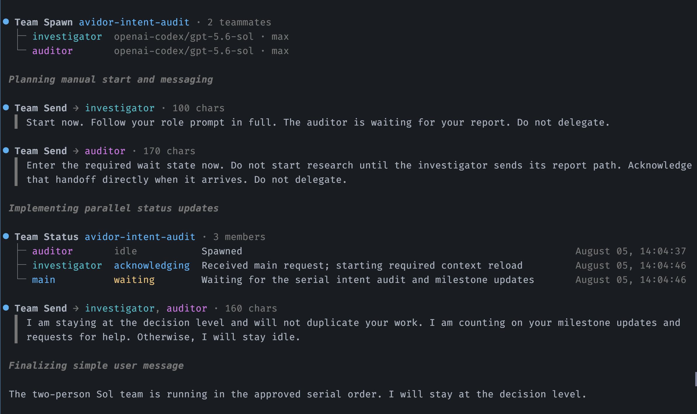 Spawning a designer–adversary team, checking its status, and sending both teammates a shared instruction