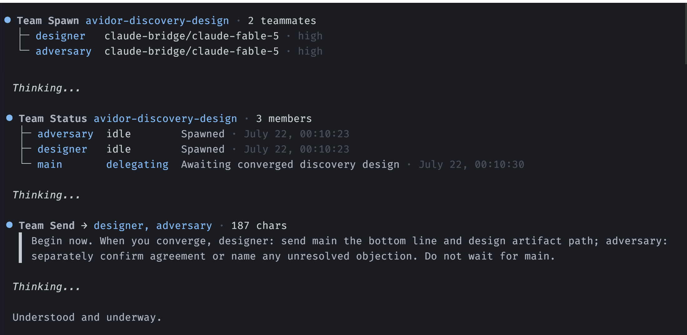 Spawning a designer–adversary team, checking its status, and sending both teammates a shared instruction