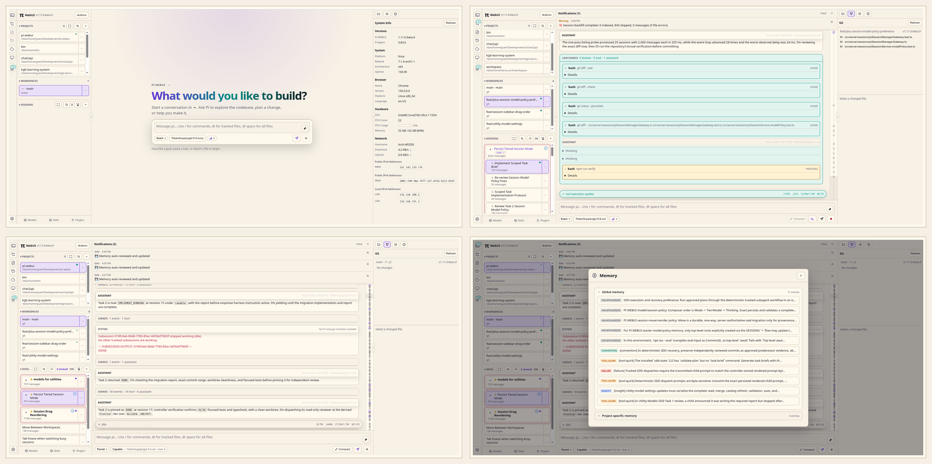 PI WEBUI desktop collage showing workspace projects, live session activity, system information, and memory