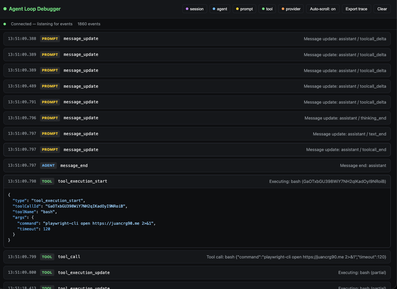 Agent Loop Debugger timeline with expanded tool execution event