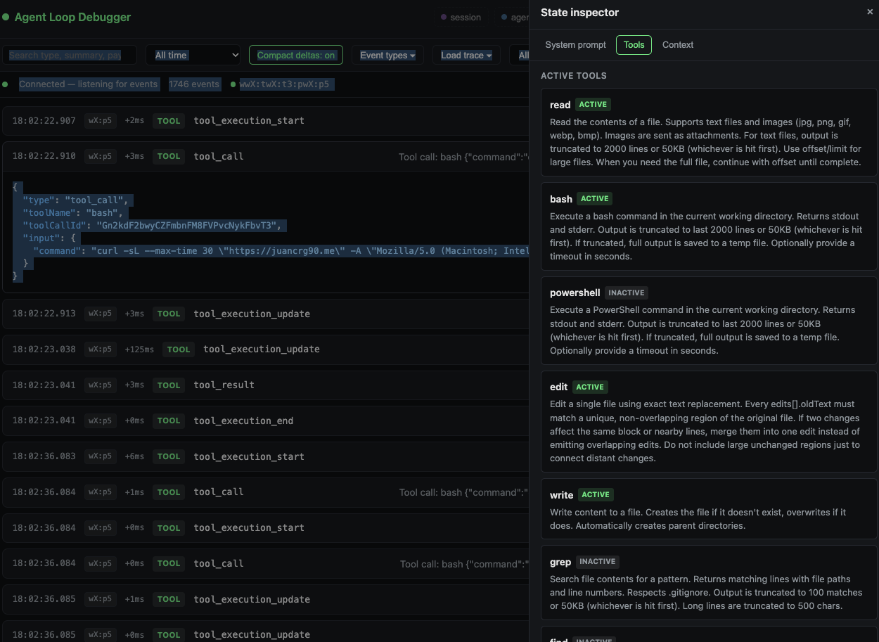 State inspector panel showing active and inactive tools