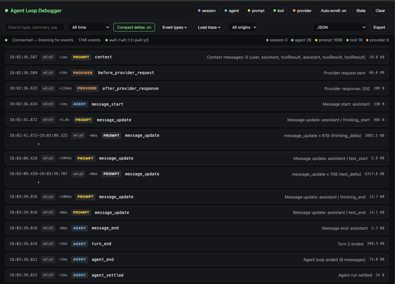Timeline showing compact delta groups and Herdr origin badges