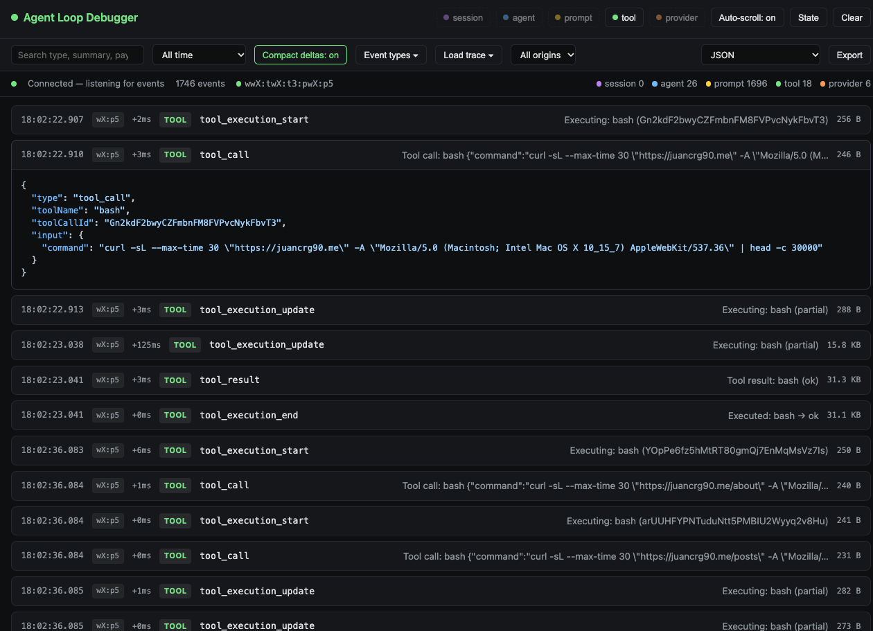 Panel Showing Loop Open @juancrg90/agent-loop-debugger · Packages · Pi