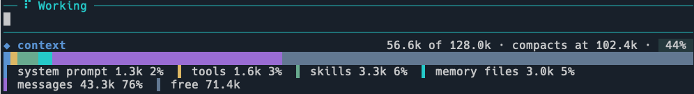 Context Bar footer showing system prompt, tools, skills, memory files, messages, and free space